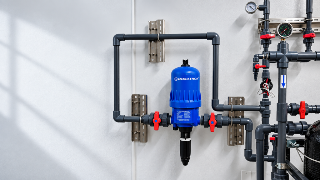 Dosatron proportional dosing pump installed in a commercial hydroponic water system