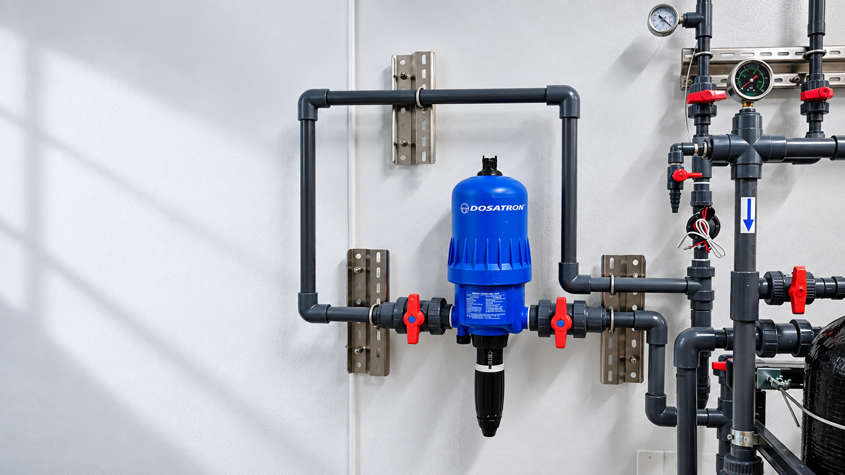 Dosatron proportional dosing pump installed in a commercial hydroponic water system