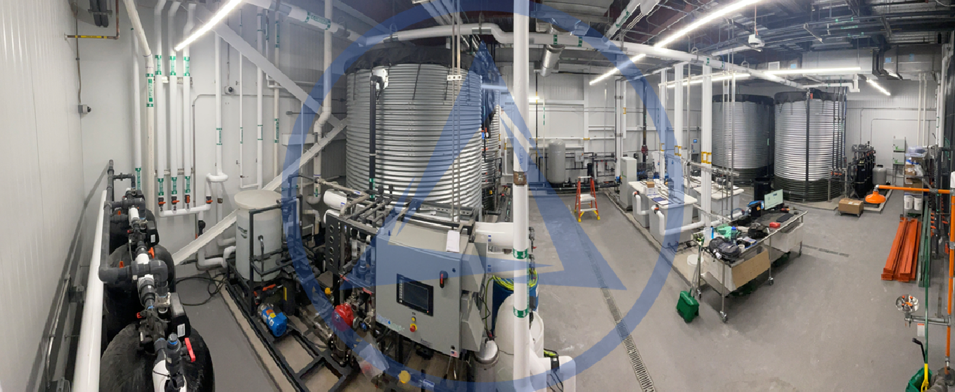 Commercial cultivation water room with storage tanks, treatment equipment, piping, pumps, and controls
